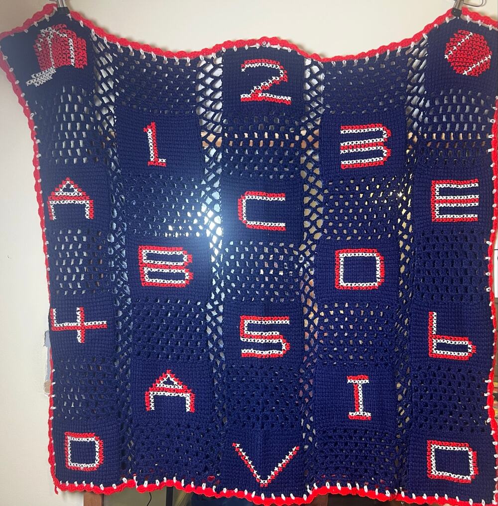 Vintage 1950s Crochet Baby Blanket Personalized David Nursery Afghan 42x42